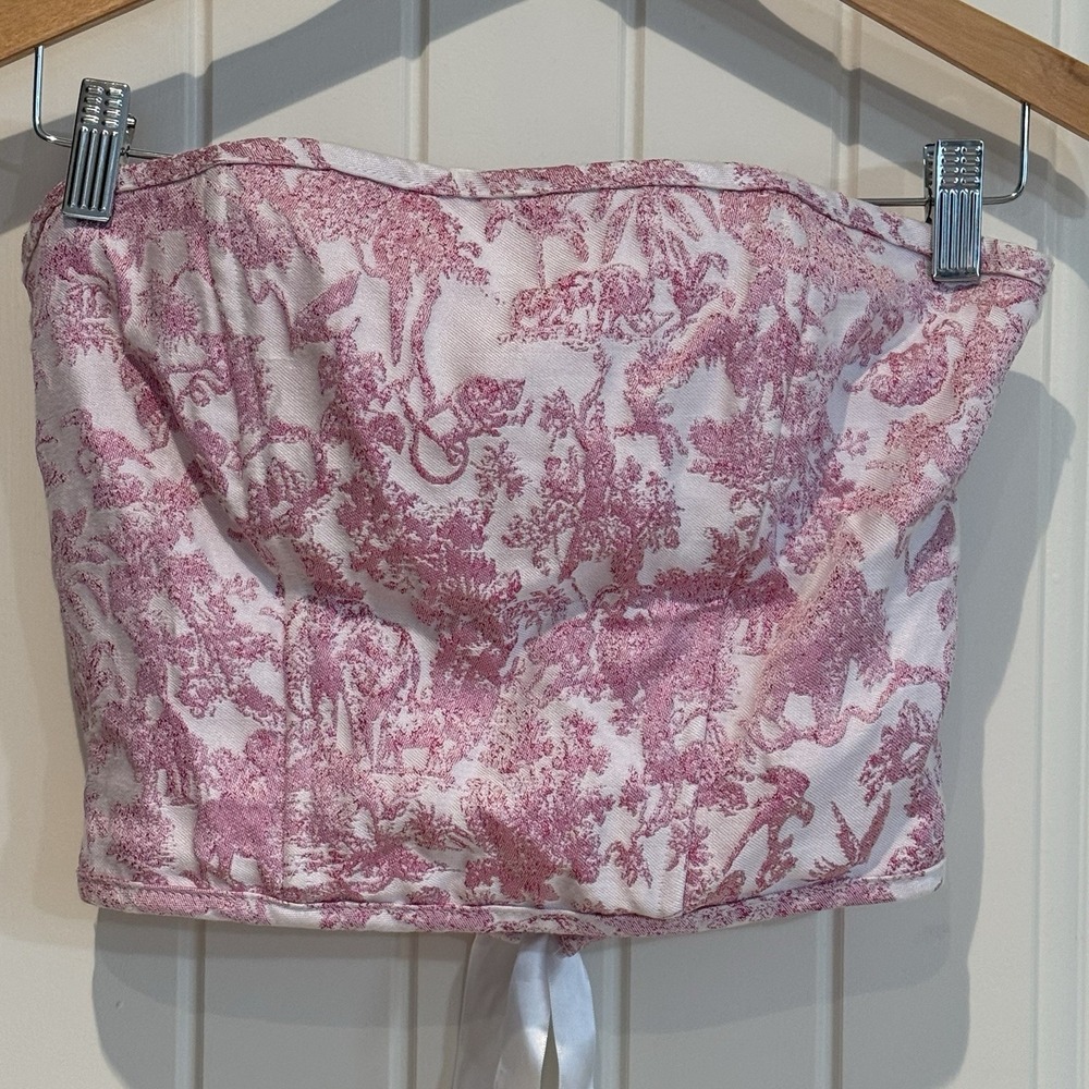 American Threads Pink Toile Corset Top Junior Large Coquette Lace Up Tube‎